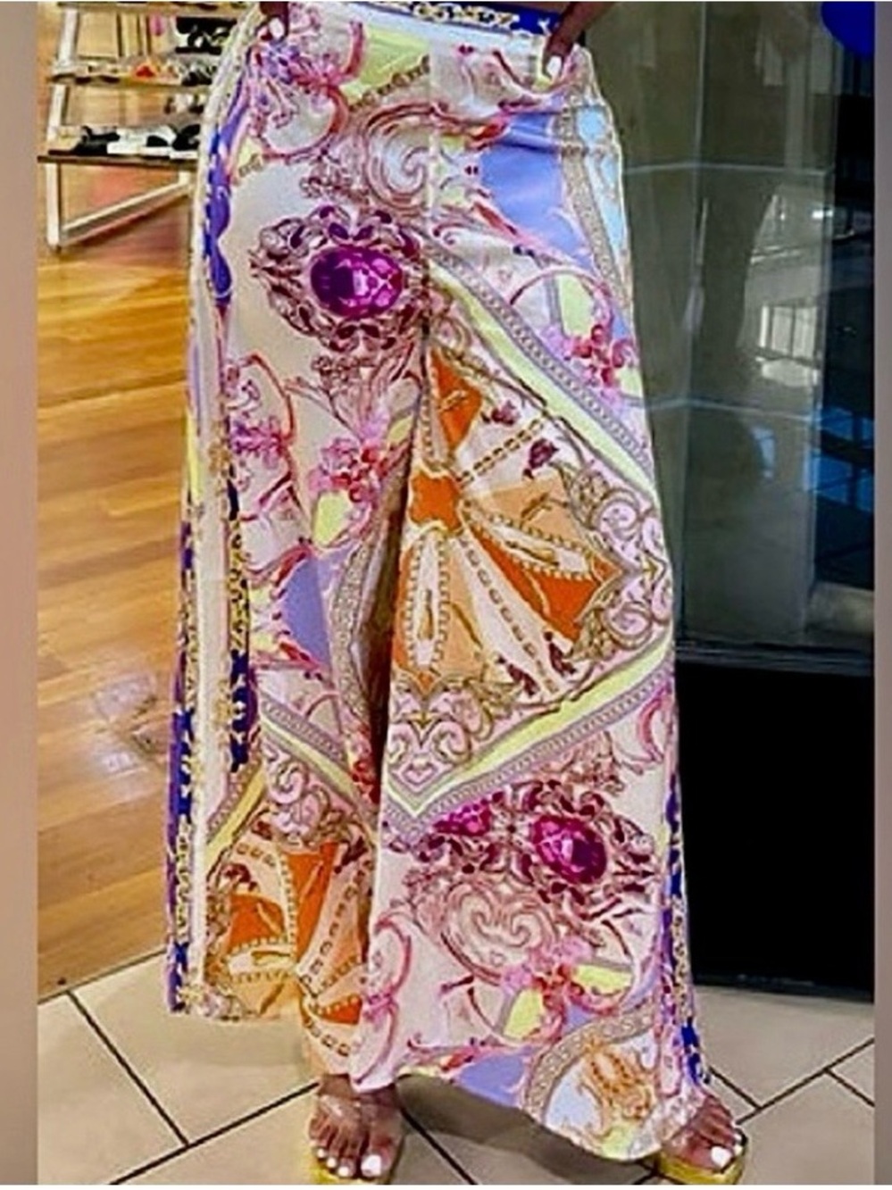 Satin Royalty Print Palazzo Pants, Size L